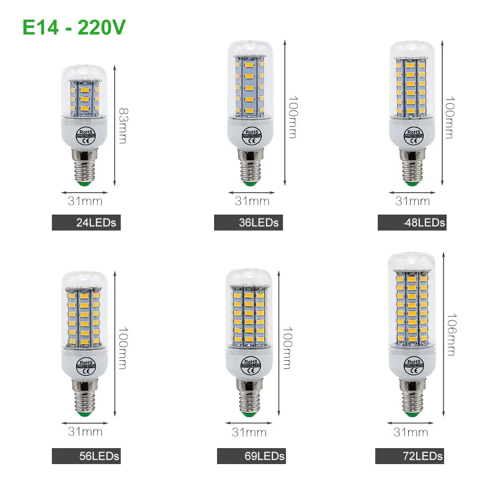 E27 светодиодный светильник E14 B22 G9 GU10 SMD5730 220V лампы кукурузы 24 36 48 56 69 72 светодиодный s люстры лампы в форме свечи светильник для украшения дома ампулы