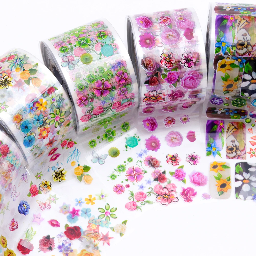 8 Rolls/set Nail Art Transfer Foils Stickers Transparent Base 3.8x120m Colorful Flowers Nail Sliders Accessory Decoration TR690