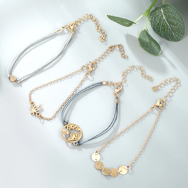 4 Pieces / Set Of Bohemian Bracelet Multi-Layer Metal Adjustable Heart Handmade Chain Ladies Jewelry Decorations | Украшения и