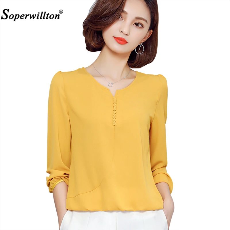 Женская шифоновая блузка с длинным рукавом V образным вырезом|women blusas|blusas fashionblusas