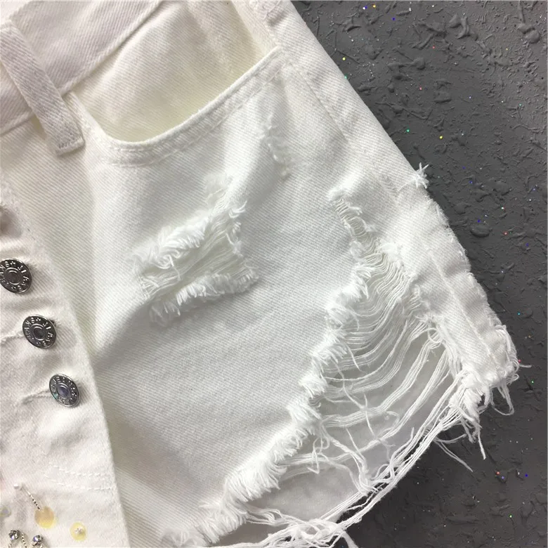 

Summer Fashion Women Black White Sequined Beading Flower Button Fly Denim Shorts Skirt , Woman Tassel Hole Jeans Hot Shorts