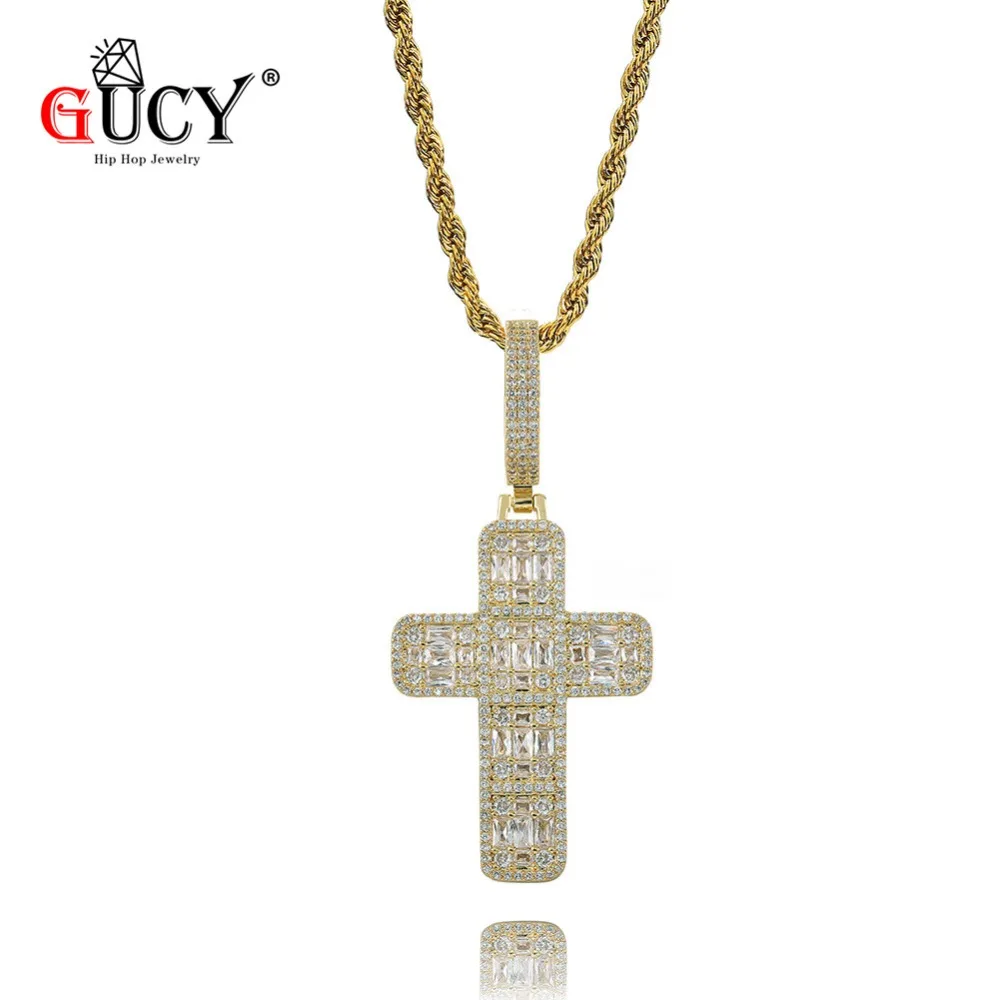 

GUCY Hip Hop Cross Pendant Necklace Gold Silver Color Iced Out Micro Pave CZ Stones Hip Hop Pendants & Necklaces for Men Women