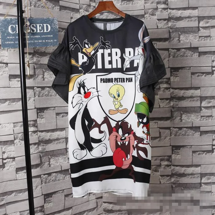 Женские с героями мультфильмов платье принтом плюс Размеры круглым вырезом