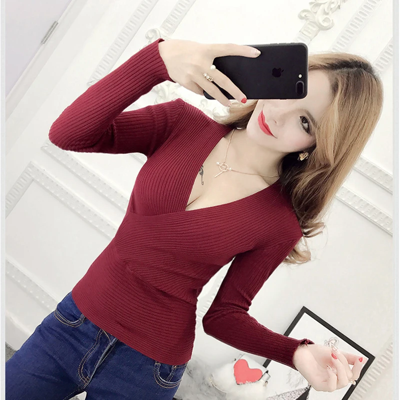 2021 New Sexy Deep V-Neck Ladies Sweater Women's Pullover Casual Slim Bottoming Sweaters Female Elastic Cotton Long Sleeve Tops | Женская
