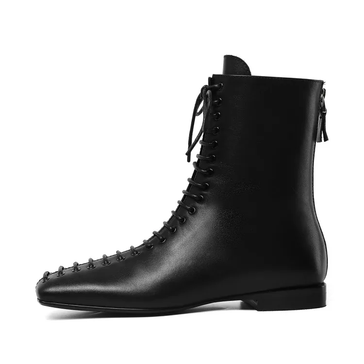 Женские ботильоны из мягкой коровьей кожи на шнуровке с квадратным носком | Обувь