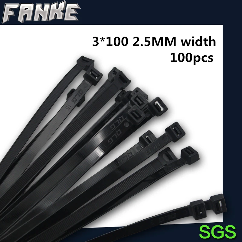 100Pcs/pack 3*100mm High Quality width 2.5mm Black Color National Standard Self-locking Plastic Nylon Cable Ties,Wire Zip Tie