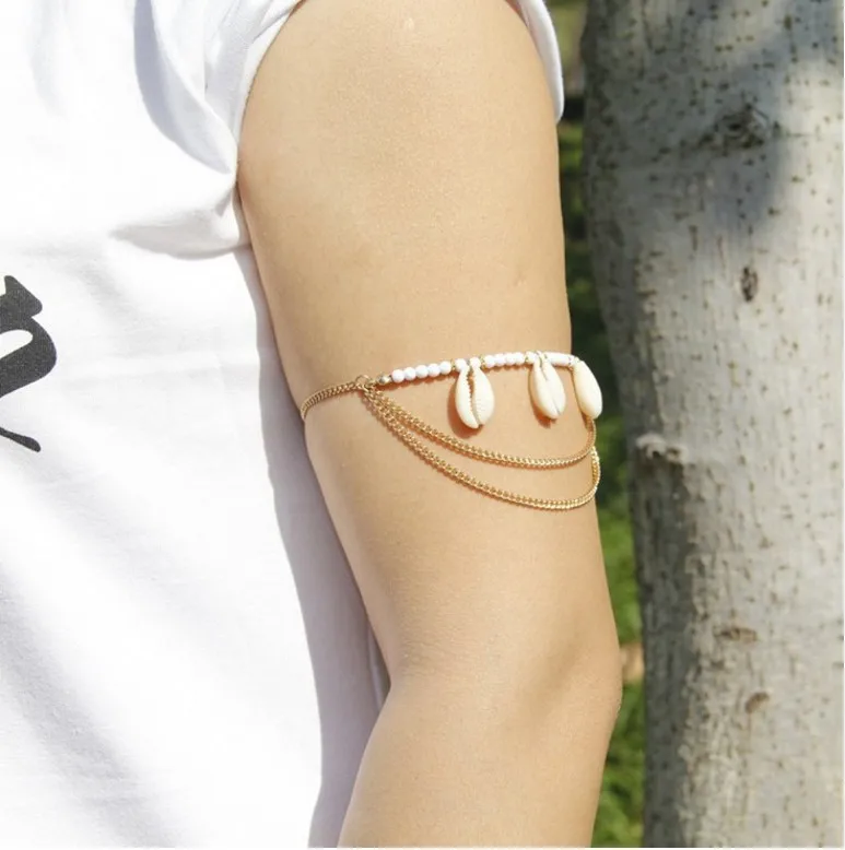 New Hot Simulated-pearl Shell Upper Arm Bracelet Armbanden Slave Harness Tassels Chain Gold Silver Cuff Armlet | Украшения и