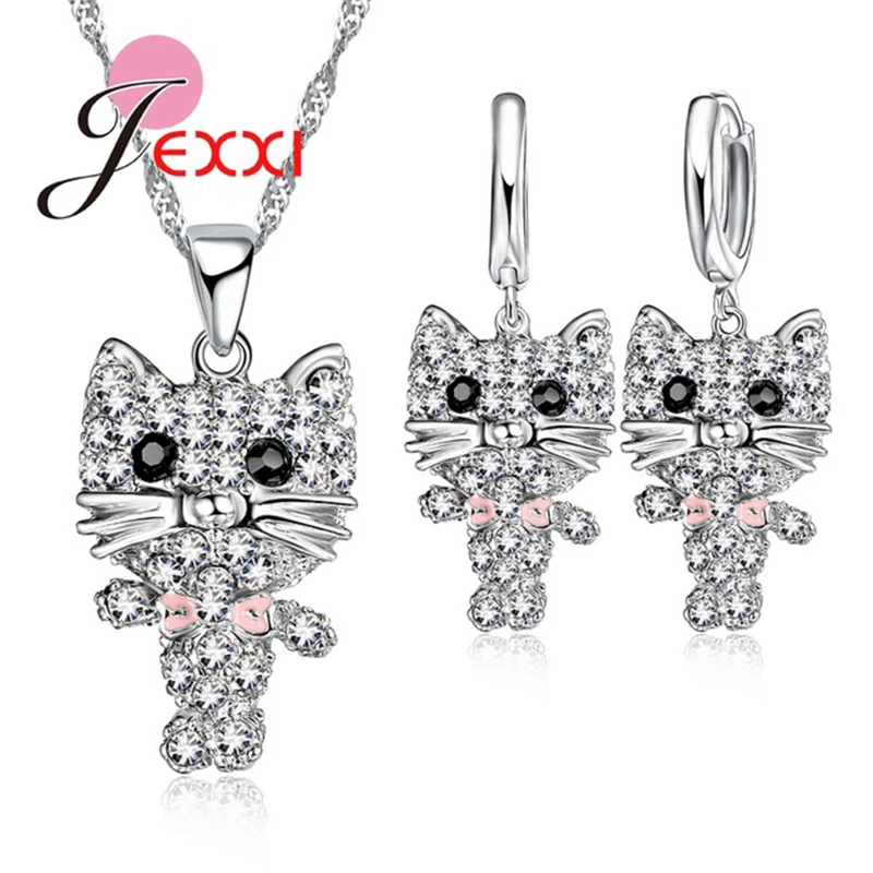 

Big Promotion Pink Bowknot Cute Cat Jewlery Sets Clear Crystal Pure 925 Sterling Silver Women Chains Necklace Earrings