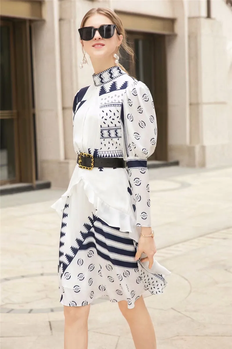 Brand Designer Fashion Runway Spring Summer Dress Women Long Sleeve Bow Tie Geometric Print Casual Dress robe femme Vestido
