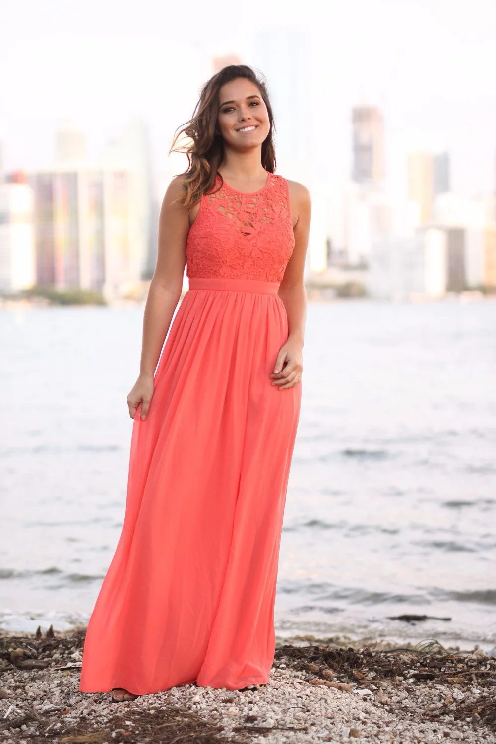 2019 новый коралловый пляжное платье для подружки неветы Длинные без рукавов