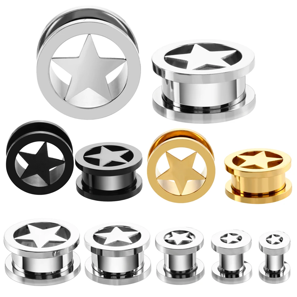 

PAIR Steel Screw Fit Ear Tunnel Plug Hollow Star Ear Flesh Tunnel Gauges Earlet Ear Expander Stretchers Piercing Body Jewelry