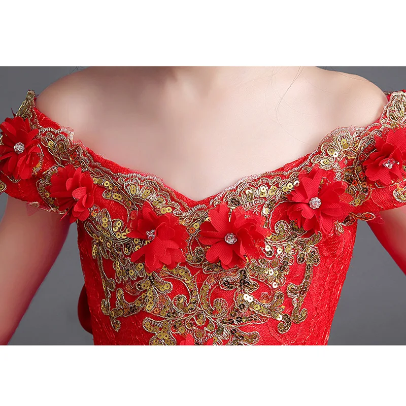 Princess Girls Dresses 2017 New Embroidery Mullet dress Red Dress With Bow Shoulderless Evening Floral JF63 | Детская одежда и