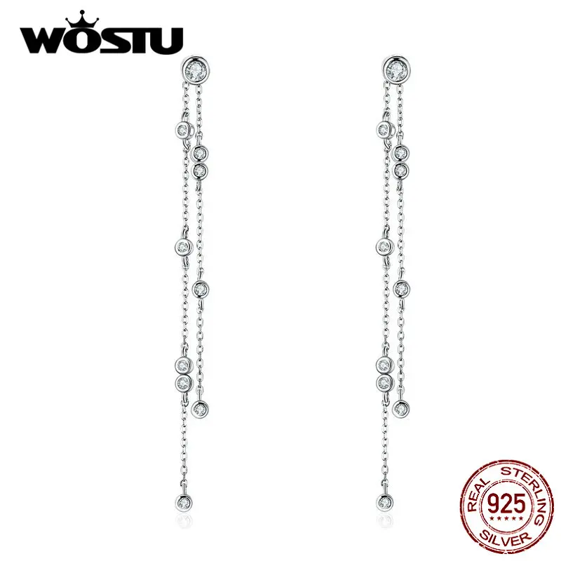 WOSTU длинные висячие серьги с капельками, 925 пробы, серебро, кристалл, CZ, цепочка, висячие серьги для женщин, роскошные ювелирные изделия, подарок FNE102