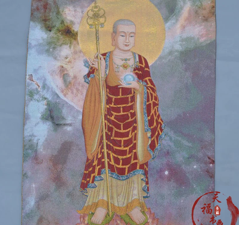 Рождество Thangka шелковая вышивка непальская картина парча Золотая Dizang Bodhisattva