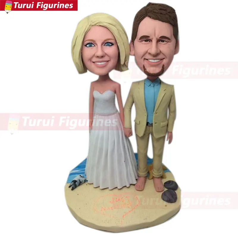 

Beach Wedding Cake Topper Figurine Custom Personalized Wedding Bobble Head Clay Figurine Based on Customers' Photo Using As Wedd