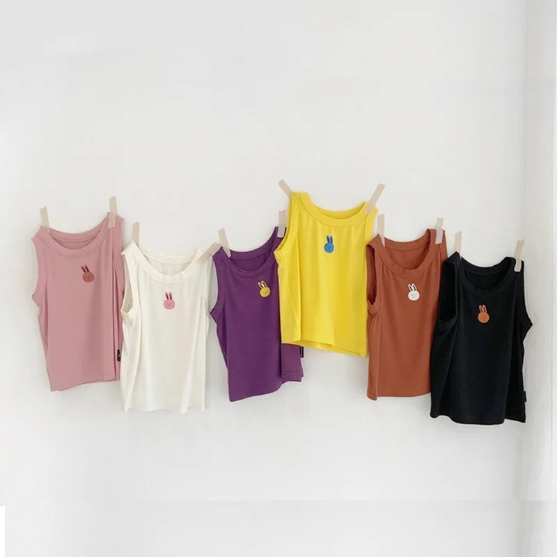 Boys Girl Vest Undershirts Kids T-shirt Toddler Children Cotton Soft Tees Sleeveless Bunny Hi 2 3 4 5 6 7 8 9 Years | Мать и ребенок
