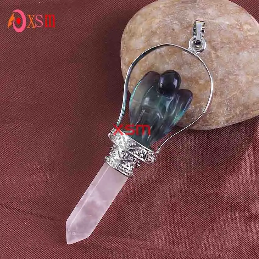 AA00201024302 Модные бусины Популярные Посеребренные камень аметист флюоритовая подвеска Розовый кварцевый кристалл Ангел скипетр Винтажные Ювелирные Изделия - Окраска металла: AA00201024302