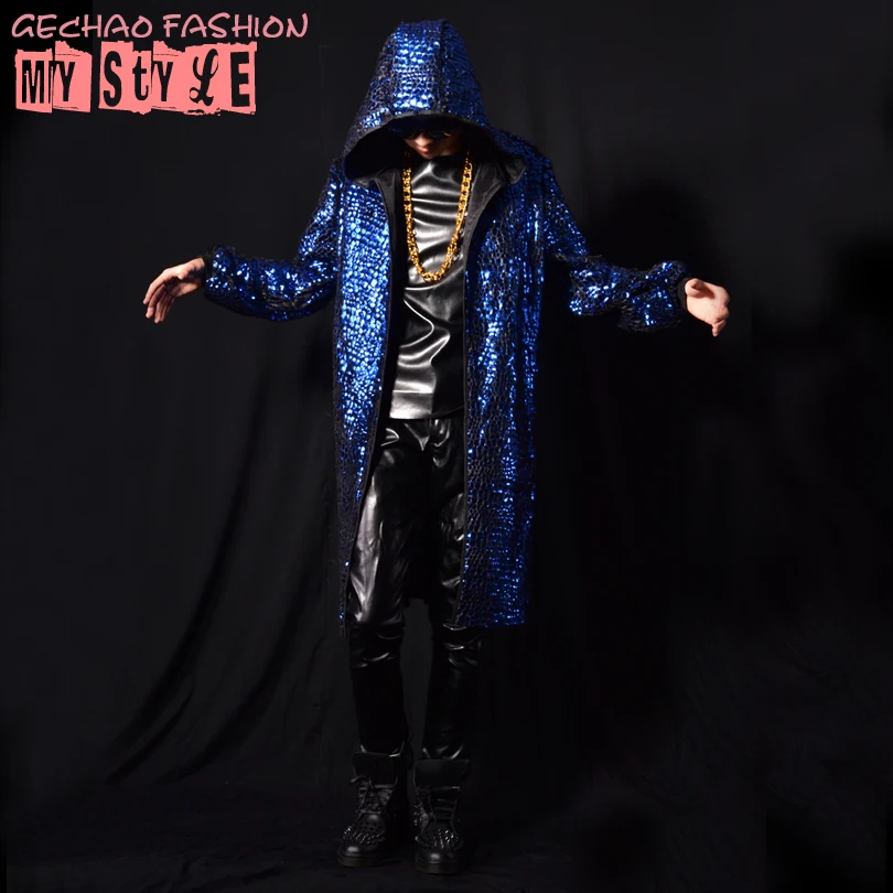 2016 New Cool Men's blue sequins performance Jacket costumes Nightclub Singer DJ Bar show stage costumes