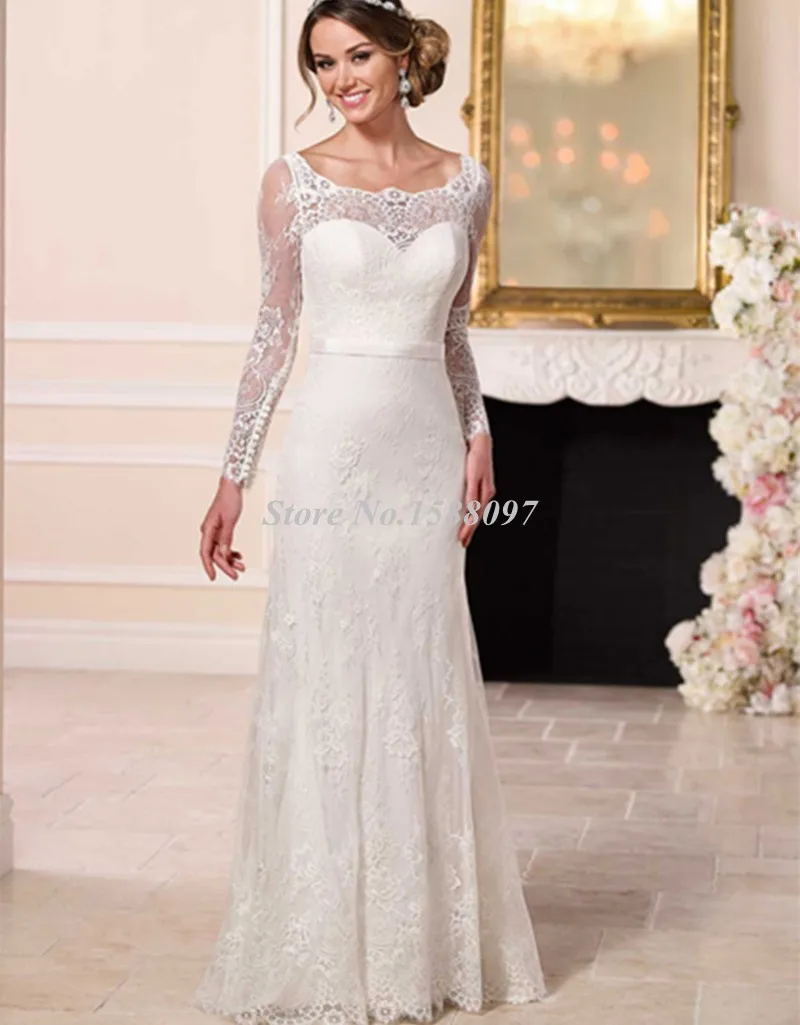 Изящные совок образным вырезом свадебные платья с длинными рукавами оболочка