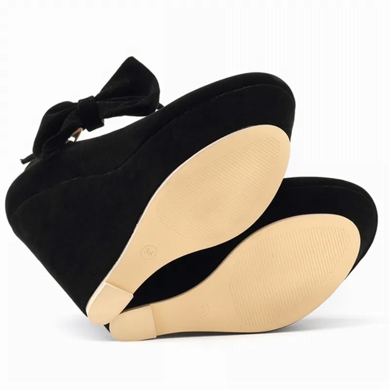 Женские пикантные замшевые туфли на высоком каблуке 14 см с бантом обувь танкетке