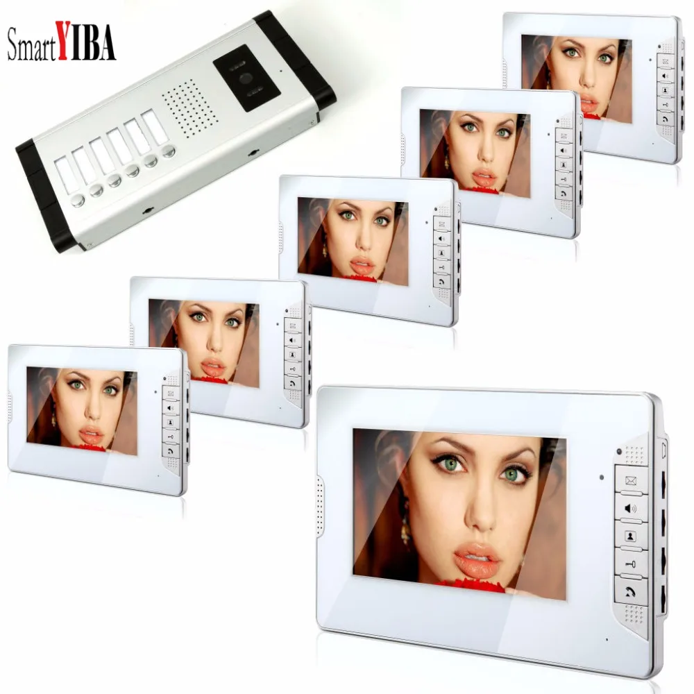

SmartYIBA 7''Color Video Doorbell Intercom Entry System 6 Monitors with 1 Door Phone Camera Control 6 Houses for Multi Apartment