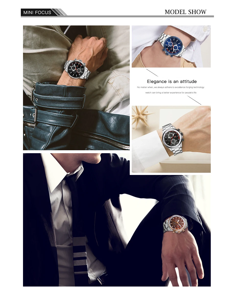 Мужские кварцевые часы с календарем хронографом и ремешком из нержавеющей стали