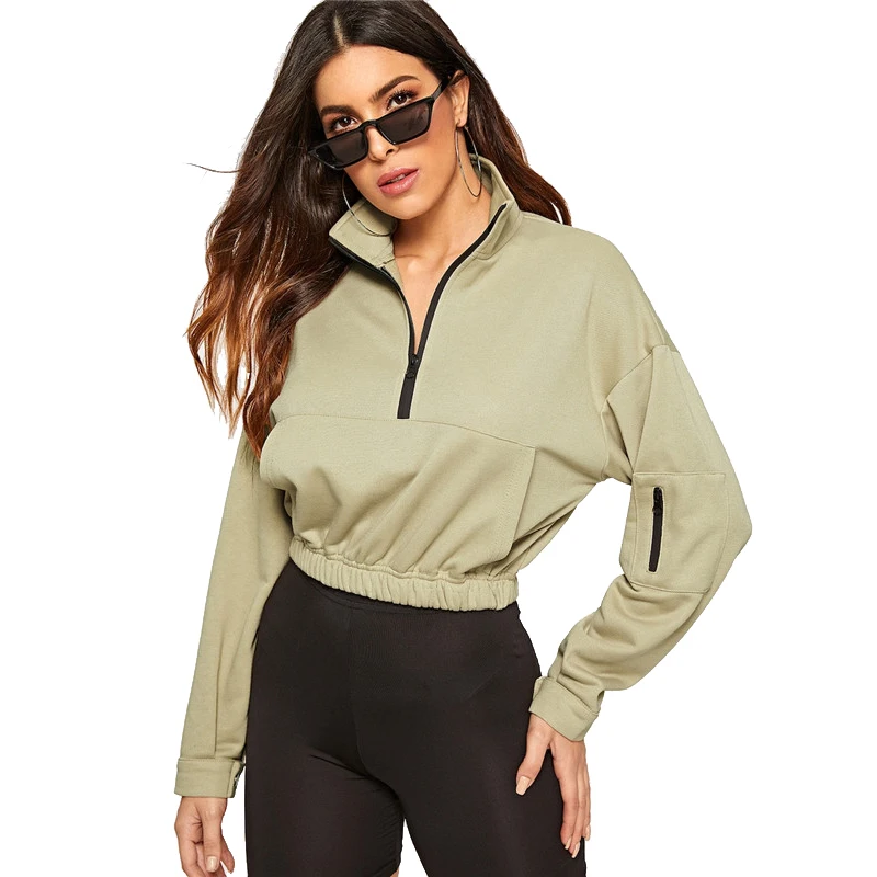 SHEIN Свитшот На Молнии С Карманом, Укороченный Спортивный Топ С Длинным Рукавом