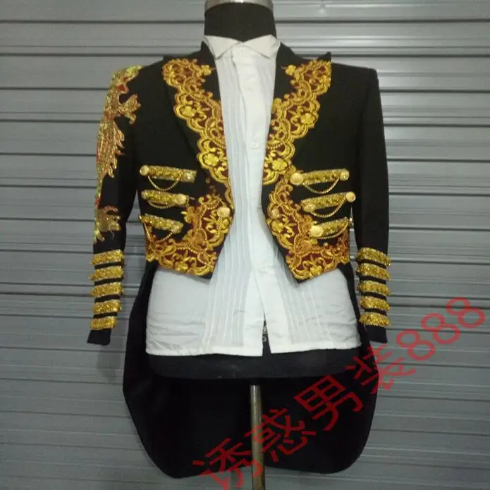 

Men Plus size black Tuxedo long slim jacket Magic garbage royal marriage male singer performance laciness tuxedo formal dress