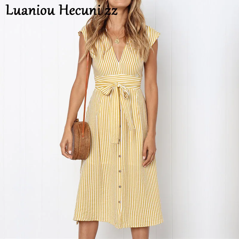 Chu Ni V neck striped dress women Summer bow sashes buttons cotton plus size female dresses Casual vintage long green vestidos | Женская