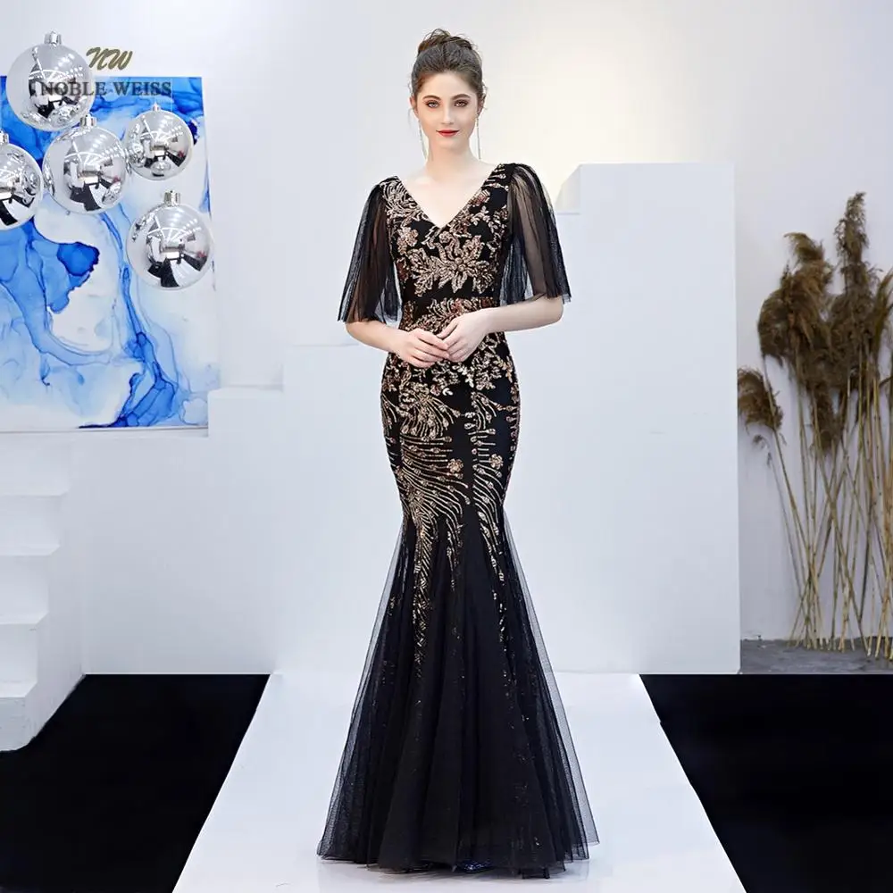 

Mermaid Long Evening Dress Sequin Zipper Back Sexy V-Neck Party Dresses Prom Gown With Sleeves