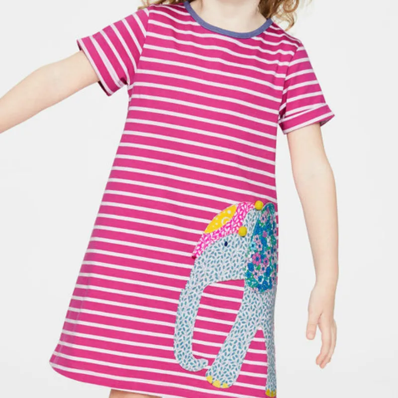 Летнее платье с аппликацией для маленьких девочек розовое в полоску со слоном до