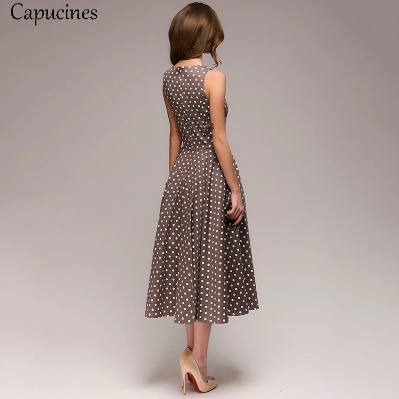 Capucines Элегантные Платье в горошек женское О образный вырез безрукавный А силуэт