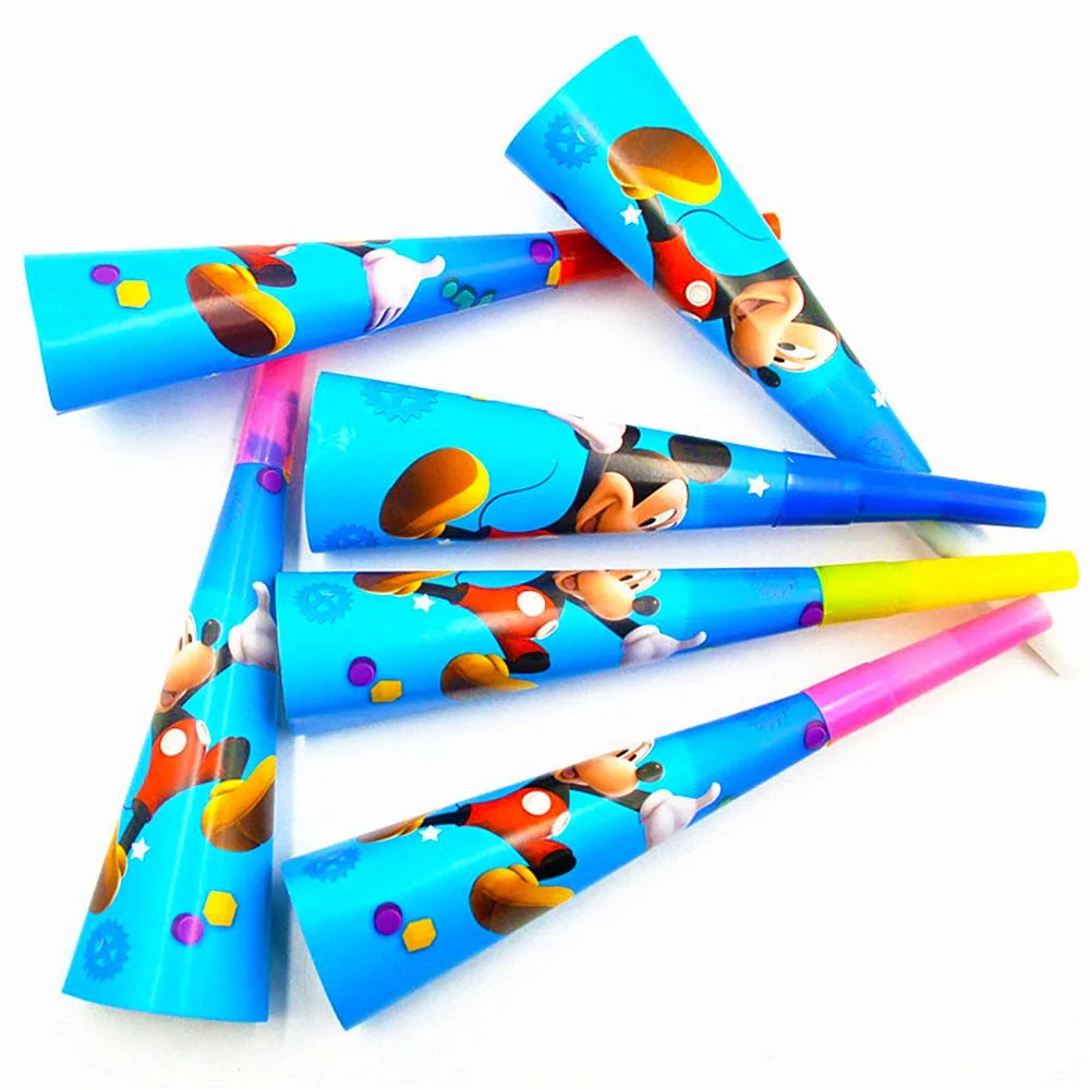 Horn 6pcs Микки Маус тема Дети с днем рождения украшение тарелка чашка соломенные салфетки Лут сумки одноразовые столовые приборы вечерние принадлежности - Цвет: Horn 6pcs