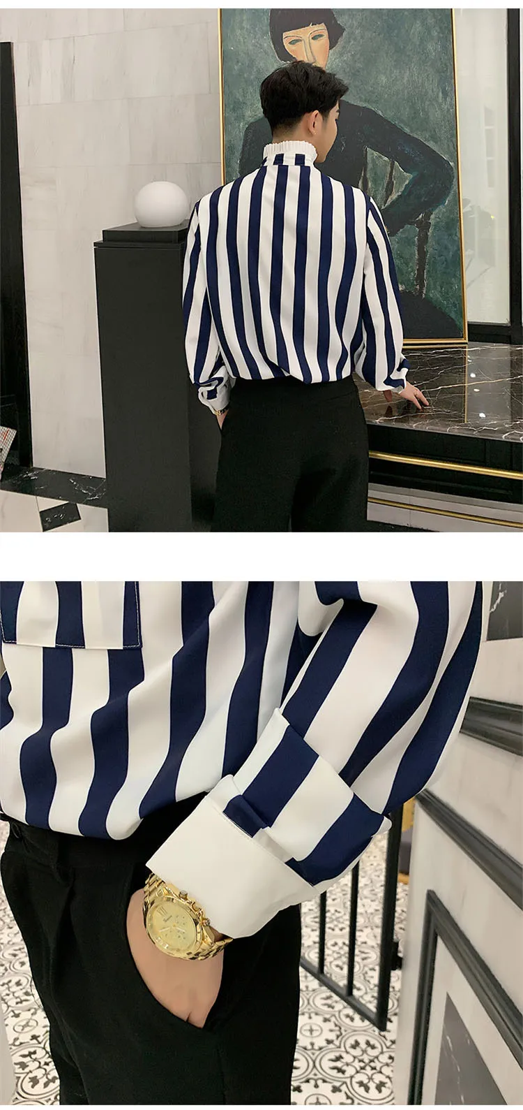 Для мужчин с длинным рукавом и стоячим воротником Slim Fit Повседневное рубашка в полоску Мужской Хай-стрит Винтаж модные хип-хоп кепки, вечерние рубашка с длинным рукавом