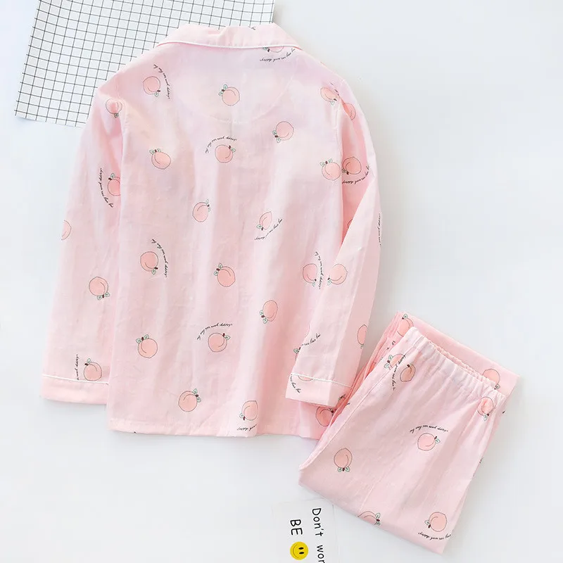 Пижамы весна и осень новые двойные газовые C страуса персик японский тонкий с