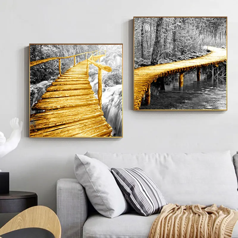 Абстрактный Золотой Желтый мост холст промышленный плакат и принт для гостиной