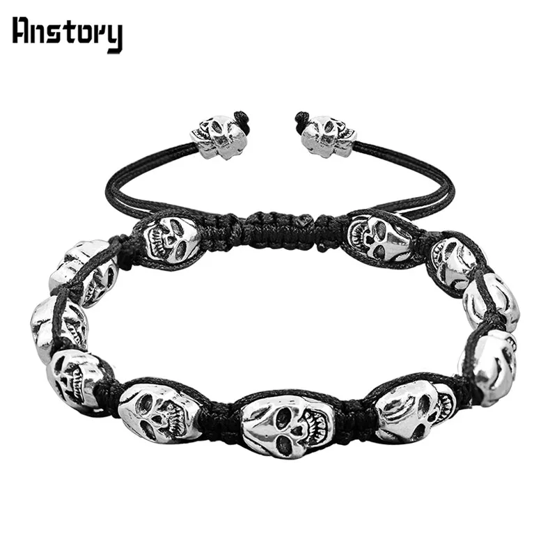 Black 2 Улыбка Череп Скелет Браслеты с бисером Strand Винтаж Boho Античная Посеребренная ручной Веревка Тканые Craft Модные украшения - Окраска металла: Black 2