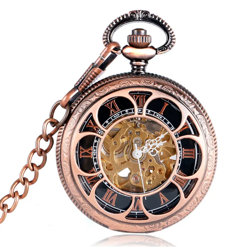 Self- Wind Hollow Flower Pendant Pocket Watch Rose Copper Women Open face design Chain Watches Men  Automatic Mechanical Clock