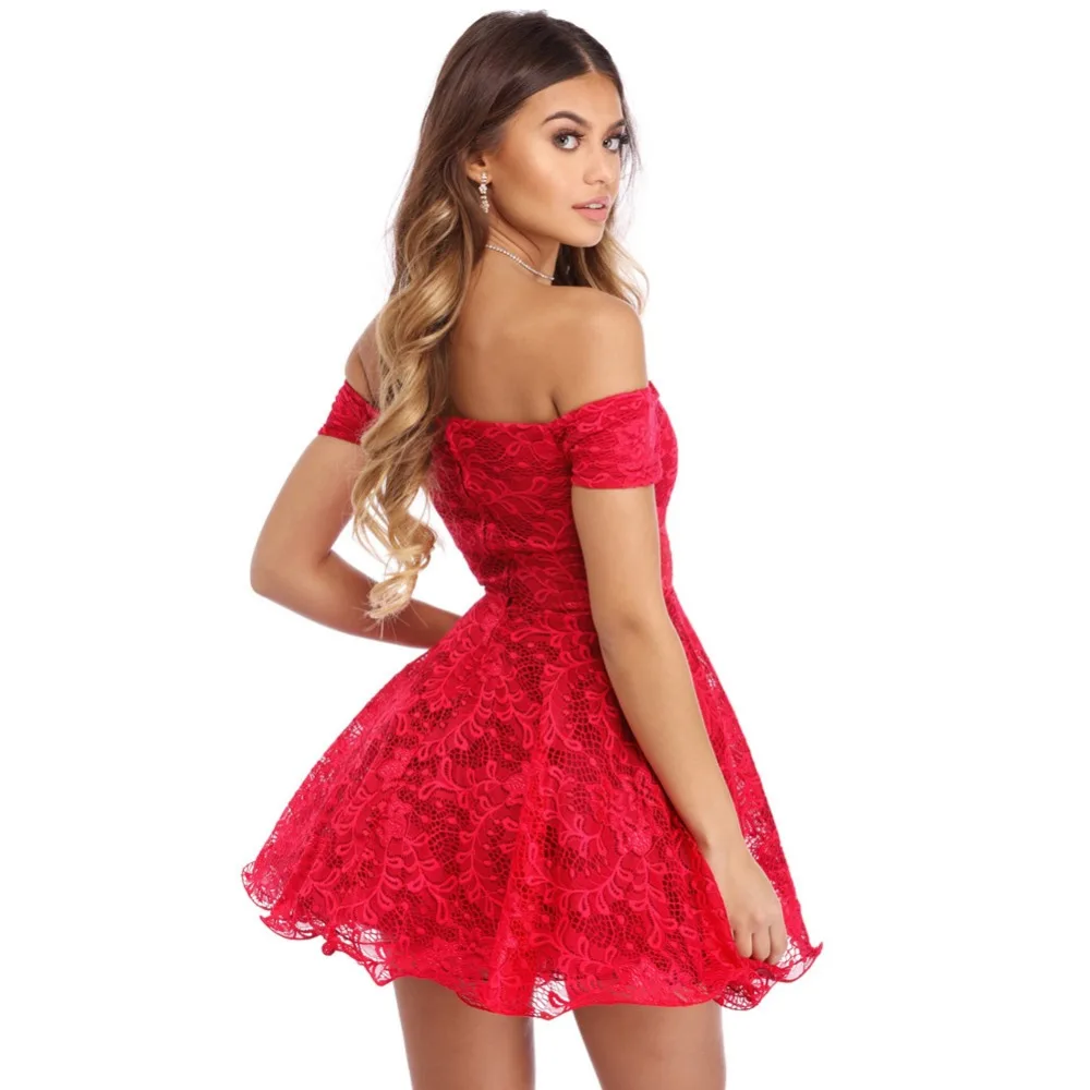 Slash шеи праздничное платье Лето Для женщин Красный без бретелек Drop Shoulder Lace Skater Mini