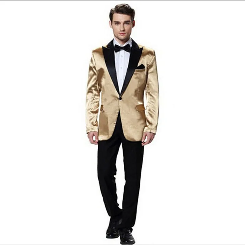 

Top Selling New High Quality costume homme groom suits Gold three Piece men suit peaked lapel formal suits ( jacket+Pants+tie)