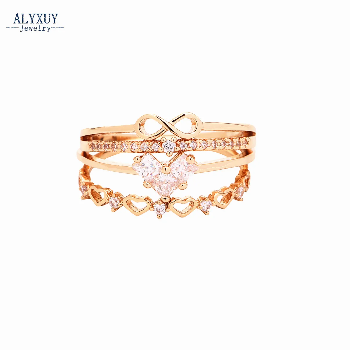New fashion copper zircon CZ heart infinity finger ring set trendy jewelry gift R0007|fashion set|ring setfinger |