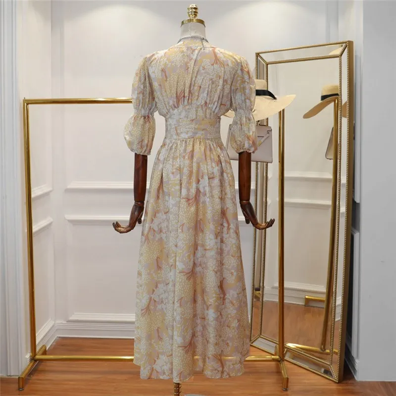 Женское платье с буфами на рукавах длинное поясом и цветочным принтом 2019 |