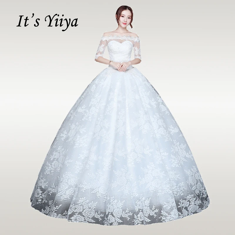 Белый It's YiiYa Wedding Dress Full Pattern Elegant White Half Seeve Weddding Dresses Plus Size Boat Neck Vestido de novia XXN220 - Цвет: Белый