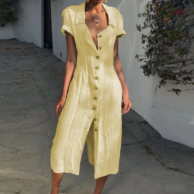 Yellow ELSVIOS Vestido, женское однотонное повседневное Свободное платье с коротким рукавом и v-образным вырезом, на пуговицах, с разрезом, длинное платье, весна-лето, женские платья-рубашки, 3XL - Цвет: Yellow