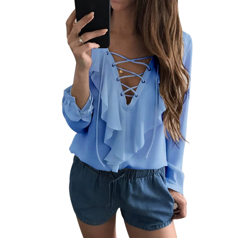 Пикантные Шифоновая блузка рябить Blusas Mujer женские Топы Кружева V шеи с ремешком