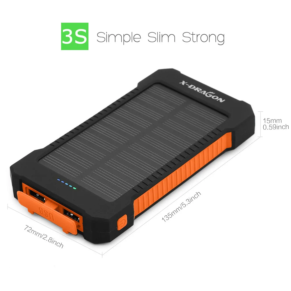 X-DRAGON 10000 мАч Солнечное зарядное устройство с двойным USB Wateproof внешний аккумулятор для iPhone смартфонов