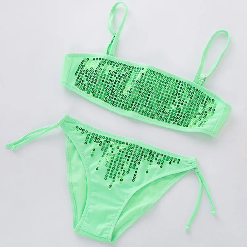 Зеленый купальник из двух предметов для девочек детское бикини блестки с
