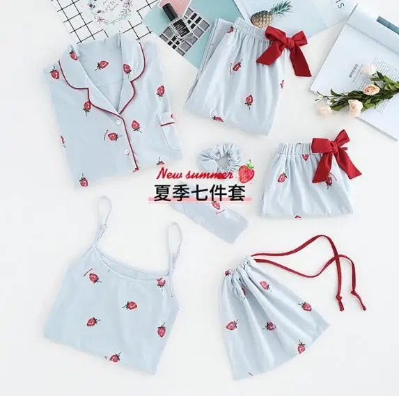 blue 7 pieces Fdfklak свежий печати 7 шт. Пижама Женщины и девушки пижамы летние хлопчатобумажные пижамы женские pijama feminino - Цвет: blue 7 pieces