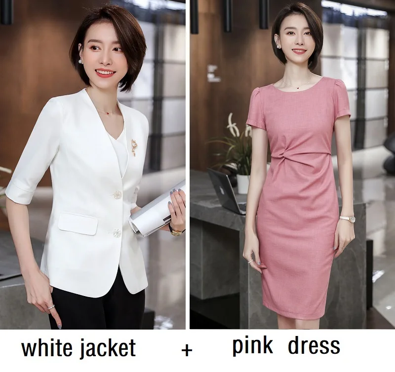 white pink Для женщин костюмы тонкий летний куртка с укороченным рукавом платье ПР Формальные бизнес платья для женщин женские комплект 6908 - Цвет: white pink