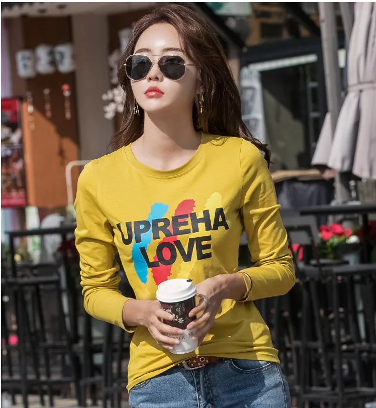 5553 yellow Новинка, женская футболка с длинным рукавом, хлопковые футболки для женщин, модный принт, женская футболка, повседневные зимние топы, футболки - Цвет: 5553 yellow